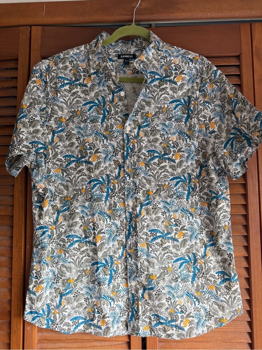 EXPRESS Hawaiian Button Shirt Mens Fitted Large White Blue Tropical Palm Leaf